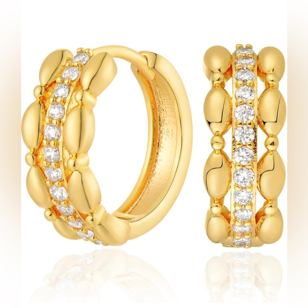🆕 18K Gold Pave CZ Crystal Inlay Huggie Hoop Earrings, Dainty Hoop Earrings